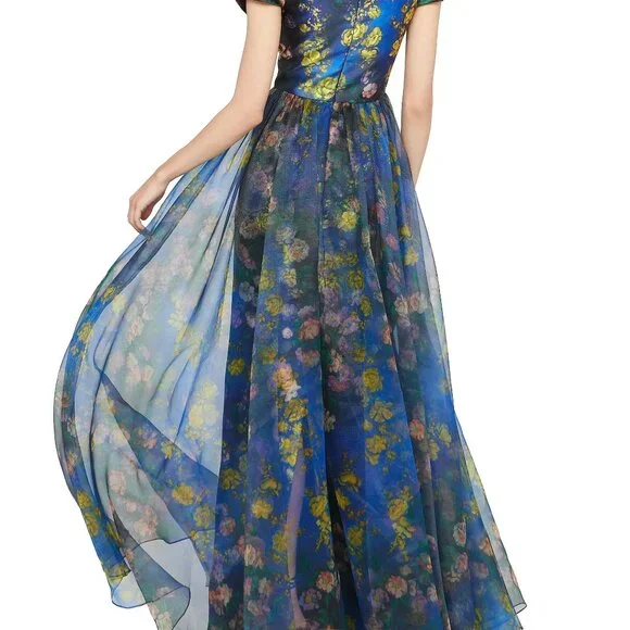 NWT Theia Nadia Draped Floral Mikado V-Neck Gown - Picture 4 of 8